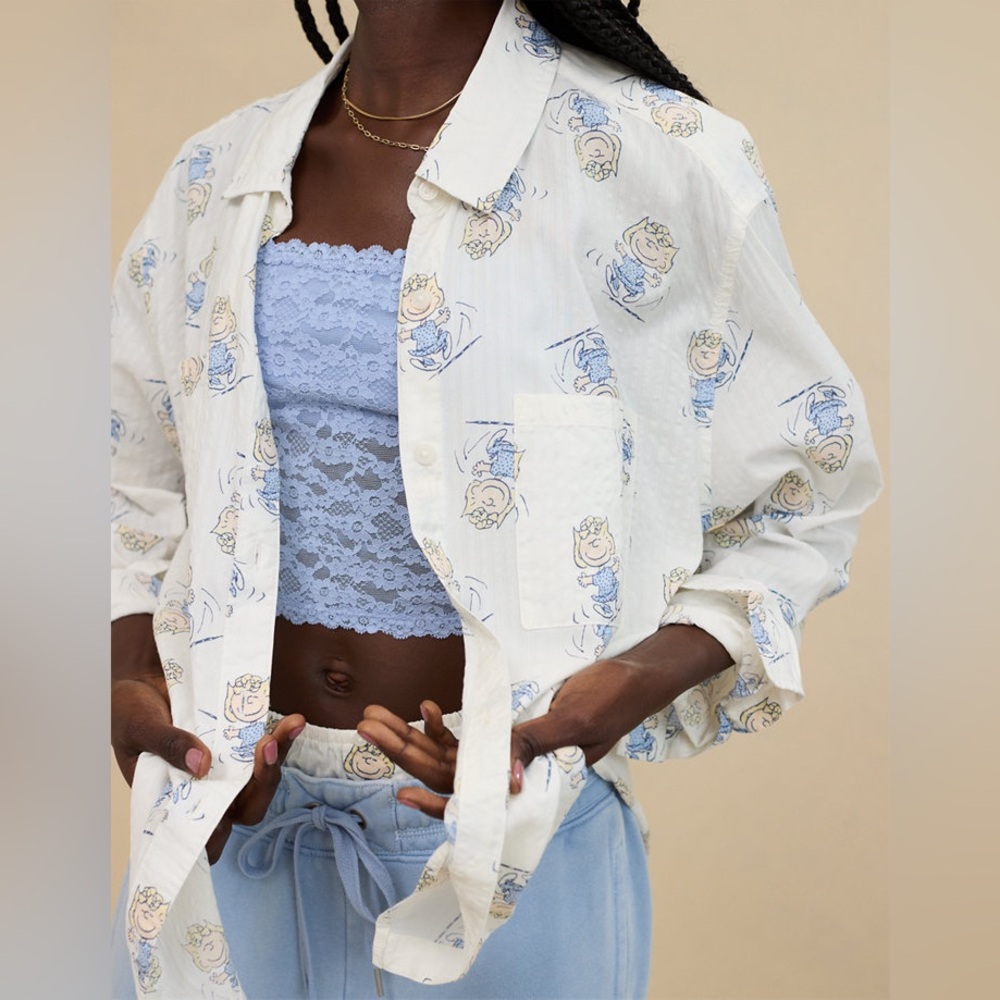 NWT Aerie Peanuts Long Sleeve Pajama Top Size Medium sally Seersucker Buttons